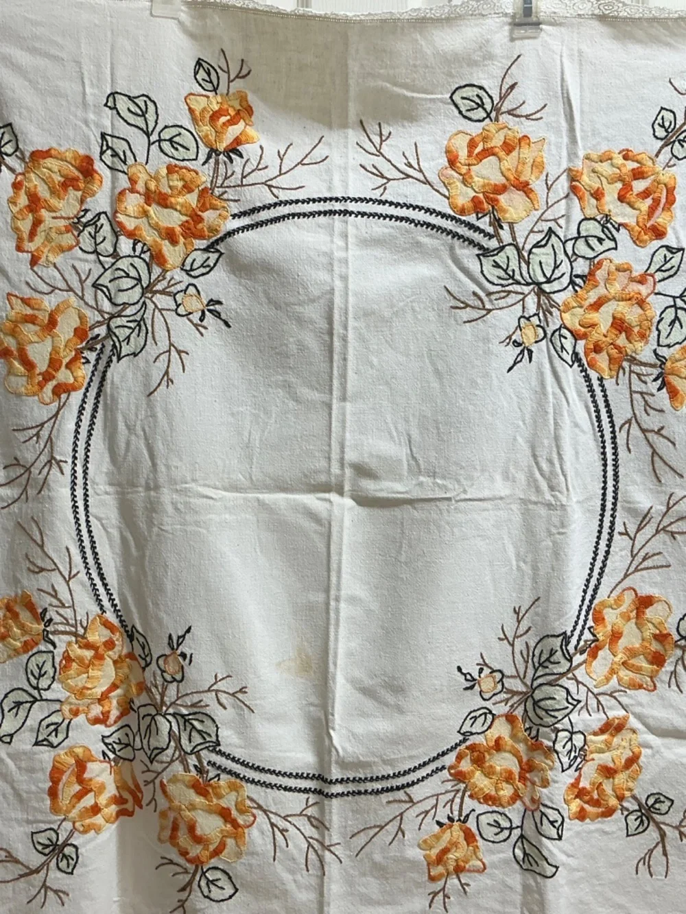 Vintage Hand Embroidered Floral Tablecloth